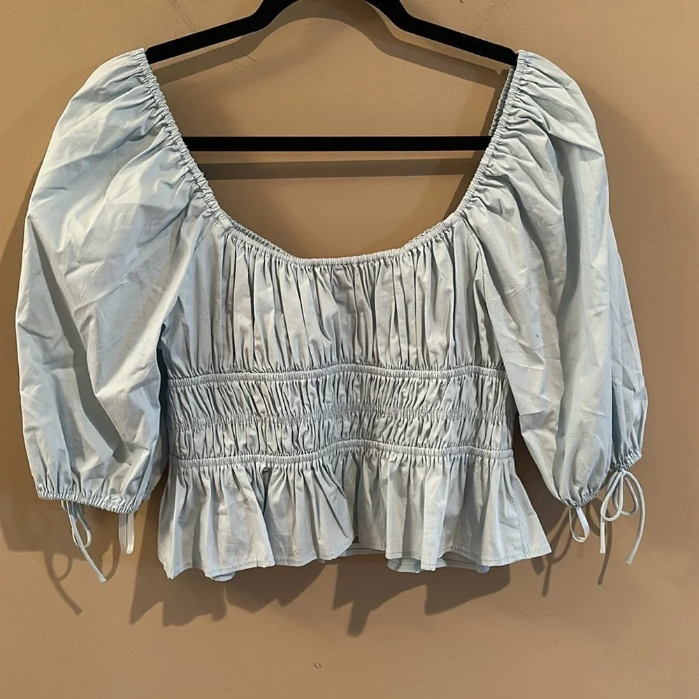 STAUD Faye Smocked Ruffle Blouse Top Winter Sky Blue 10